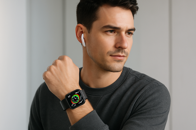 persona con reloj inteligente y audifonos inponds